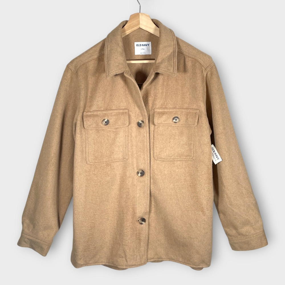 OLD NAVY Soft-Brushed Utility Shacket LARGE TALL Wool Blend Camel Oversized NEW - Picture 2 of 10